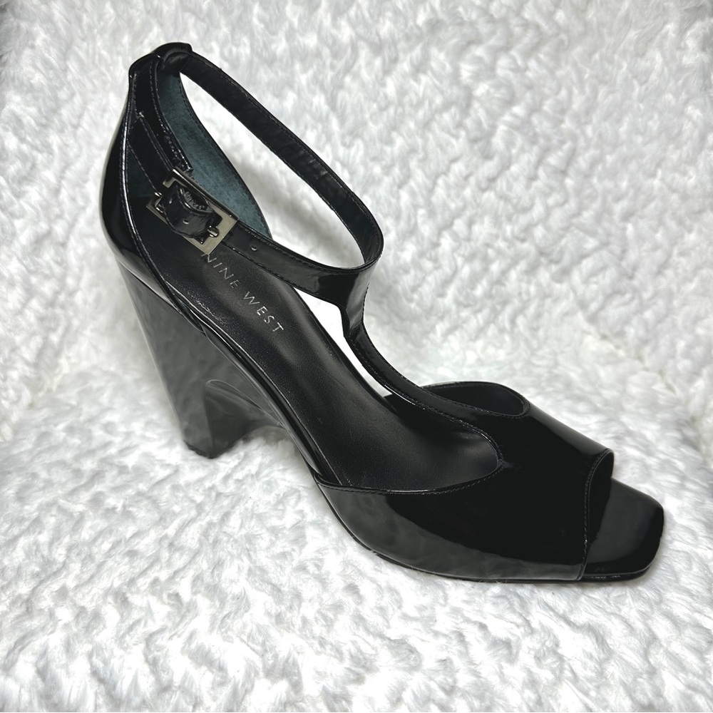 Nine West Black Patent Leather Peep-Toe Sling Back Wedges Heals Size 7